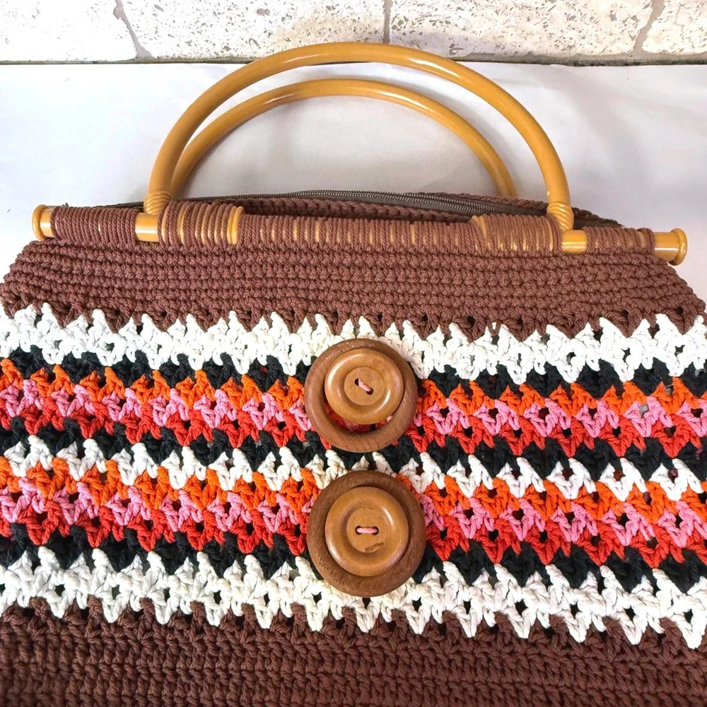 Vintage Handmade Crochet Handbag‎ Boho Hippie Purse Plastic Handles Retro